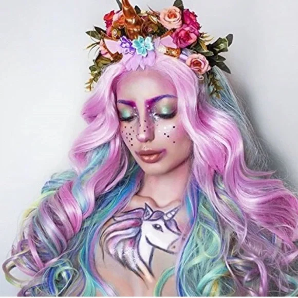 ? PASTEL DREAMS 24” BABY RAINBOW ? LACEFRONT WIG Pastel Rainbow Lace Front Synthetic Hair Extension Mermaid  main image 2